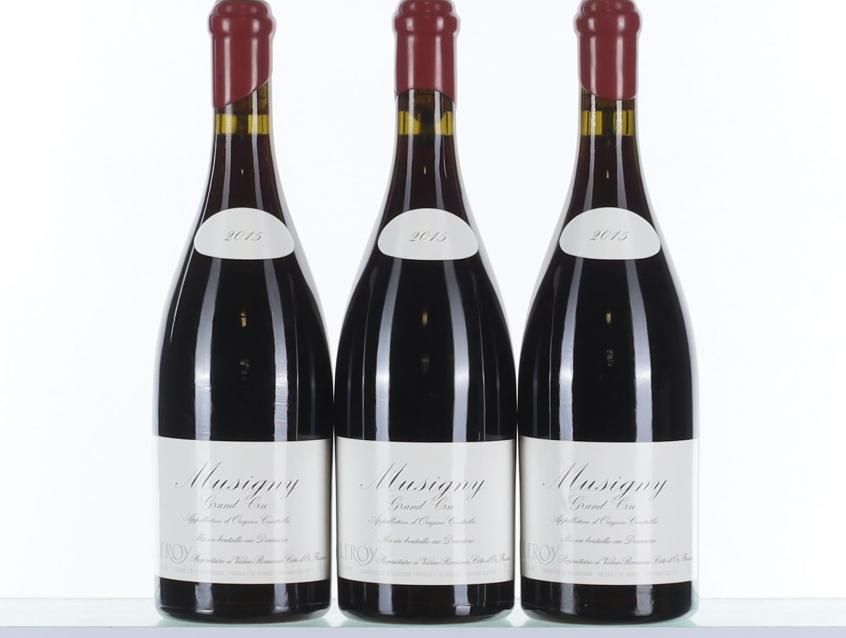 Three bottles of Domaine Leroy Musigny Grand Cru 2015 wine